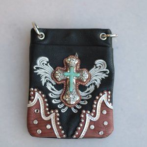 Black and Brown Crossbody Purse with turquoise Cross